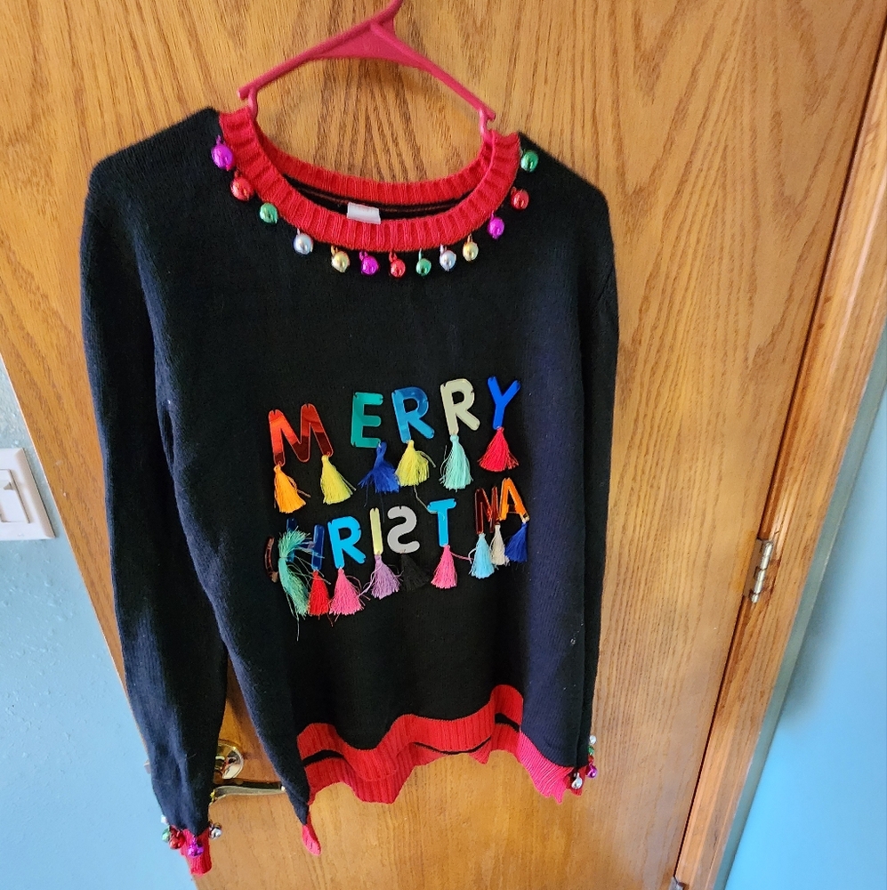 Festive Black Christmas Sweater with Colorful Accents And Bells Galore